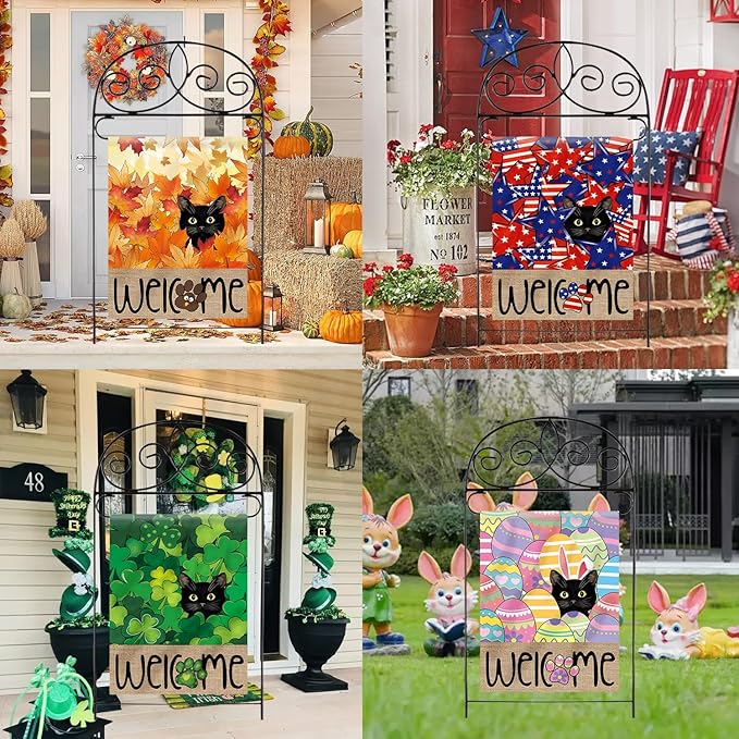 Seasonal Garden Flags Set of 11, Double Sided 12 x 18 Inch Black Cat Yard Flags, Small Flags for Outside, Spring Summer 4th of July Outdoor Flags, Welcome Holiday Garden Flags for All Seasons