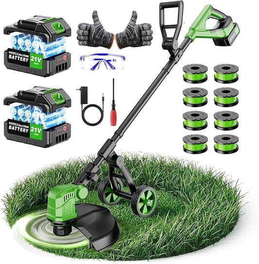 20000RPM Electric Weed Wacker Cordless, 14'' Wheeled String Trimmer Weed Eater Battery Powered, 3 in 1 Lightweight Cordless Edger Grass Trimmer Weed Trimmer with 8 Replacement Spools for Garden, Lawn