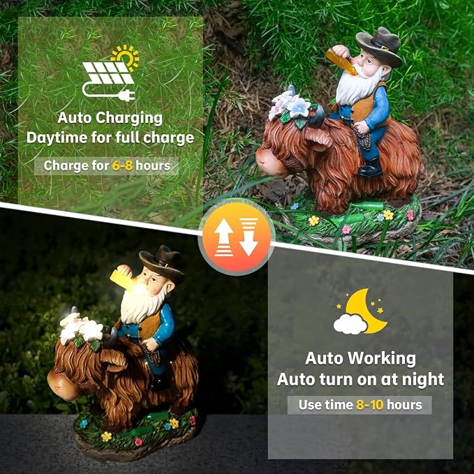 Gnome Gifts for Women, Solor Statue for Garden, Gnome and Highland cow Figurine with Lights, Outdoor Decorations for Yard Lawn Patio, Gifts for Mom Grandma Mother in Law Gardener Mother'Day
