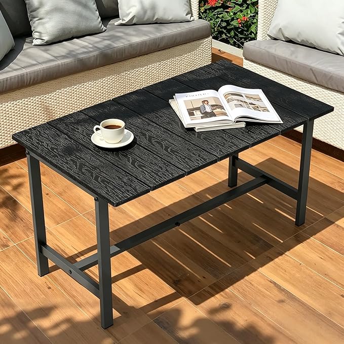 Outdoor Coffee Table, 33.4"L x 17.3"W x 18.1"H Rectangle Weather-Resistant Patio Coffee Table, Metal Heavy-Duty Frame Coffee Side Table, Waterproof for Garden, Porch, Balcony, Deck, Poolside, Black