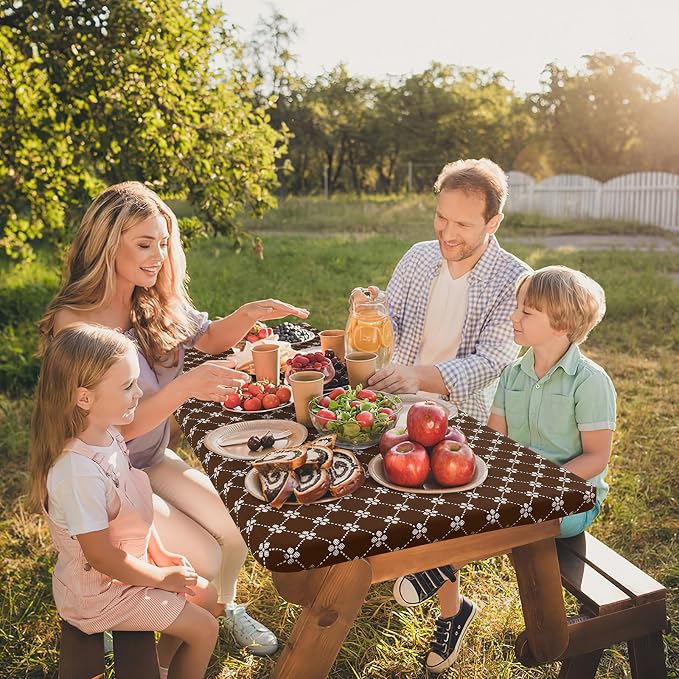 misaya Rectangle Vinyl Table Cloth, Elastic Fitted Tablecloth with Flannel Backing, Waterproof Plastic Table Cover Fits 8 Foot Folding Tables for Picnic, Camping and Outdoor (Coffee, 30" x 96")