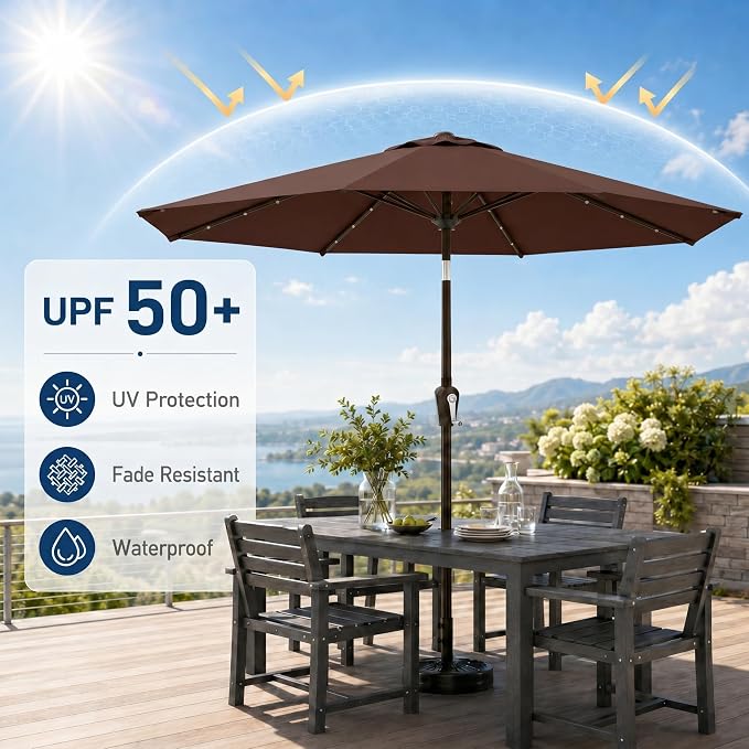 10FT Solar Patio Umbrella with Lights, Outdoor Table Market Umbrella with 32 LED Lights, 8 Sturdy Ribs, Push Button Tilt and Crank for Pool, Deck and Garden, UV-Resistant