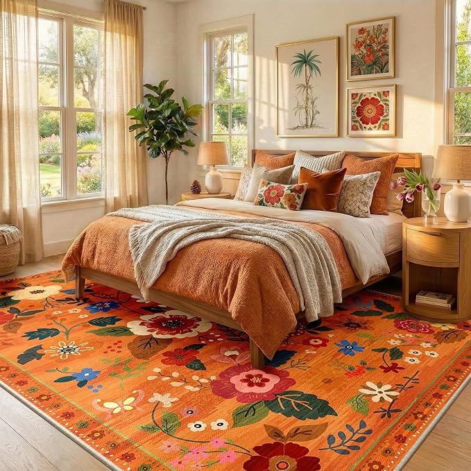 RELEANY Floral Washable 8x10 Area Rugs BurntOrange | Flower Carpet, Print, Boho, Non-Slip, Easy to Clean, Soft, Low Pile for Living Room Bedroom Kitchen Office Entryway Hallway