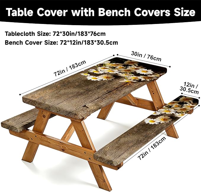 NYZE 3 Pieces Picnic Table Cover with Bench Covers Set, Vintage Wooden Elastic Edge Daisy Camping Tablecloth, Tablecloth Cover with Drawstring Bag, Camping Essentials for Outdoor Picnics, Patio, BBQ