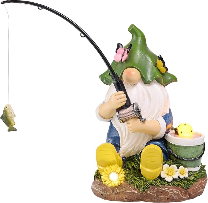 TERESA'S COLLECTIONS Resin Outdoor Statues with Solar Outdoor Lights for Garden Decor, Funny Garden Gnome Fishing Decorations for Outside Yard Porch Patio Lawn, Ideal Gift for Women and Man 7.2"