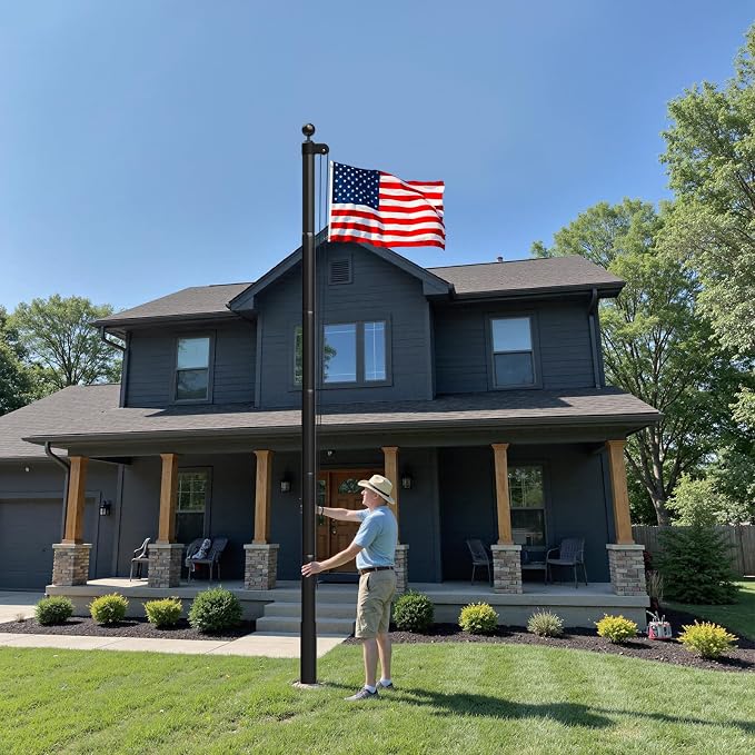 HAYOHRT Heavy Duty Flag Pole 12 Gauge Extra Thick 25FT Black Flagpole Kit with Embroidered American Flag for Yard Outdoor Commercial Residential Outside House In Ground 100MPH Wind Tested