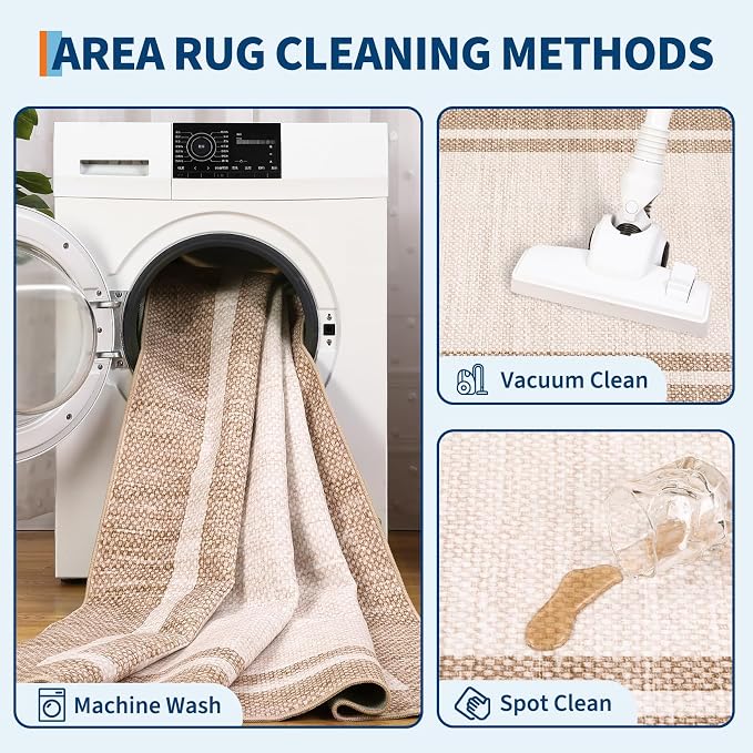 COZYLOOM Area Rugs 10x13 Large Living Room Rug with Rubber Backing, Beige | Washable Modern Bordered Stain Resistant Non Shedding Low Pile Soft Foldable Mats for Bedroom Dining Room Office