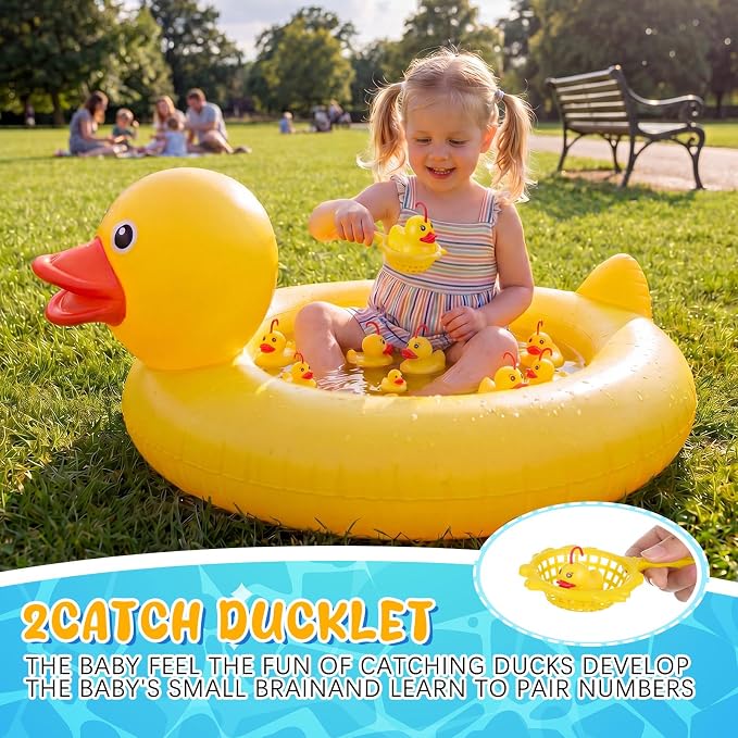 WinnerWhy Duck Pond Matching Game Set, 35.5" Inflatable Kiddie Pool with 14 Rubber Ducks, 1 Air Pump, 2 Fishing Nets & Rods, Duck Fishing/Carnival Water Game for Kids, Summer Outdoor Party