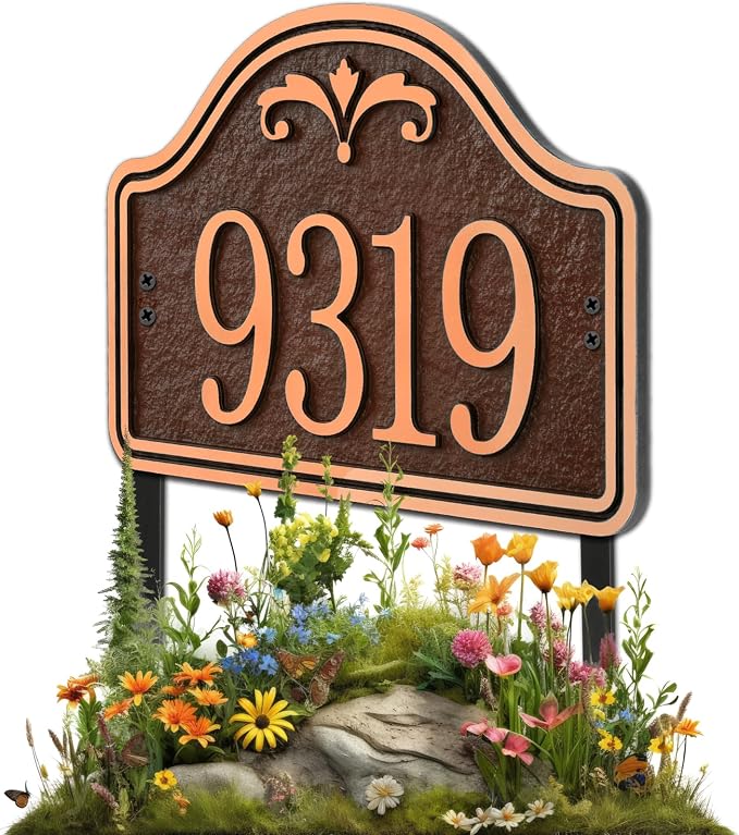 Personalized Lawn Address Plaque Sign with Stakes - House Address Signs for Outside Use for House,Apartment,Office,Yard (Coffee/Copper)