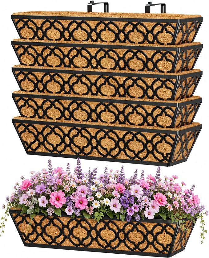 Y&M 6Pcs 24 Inch Railing Planter with Coconut Coir Liner, Window Deck with Horse Trough Coco Liner, Metal Hanging Flower Balcony Planter for Outdoor Garden Fence Lawn