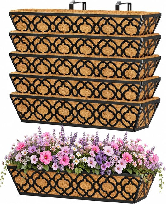 Y&M 6Pcs 24 Inch Railing Planter with Coconut Coir Liner, Window Deck with Horse Trough Coco Liner, Metal Hanging Flower Balcony Planter for Outdoor Garden Fence Lawn