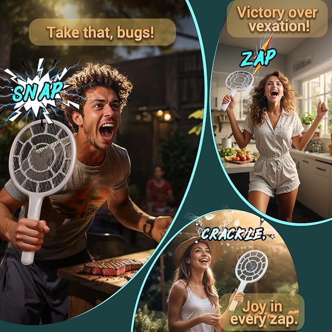 YsChois Electric Fly Swatter, Bug Zapper Companion, Mosquito Killer Racket | Gold Zone Voltage, Densest 3mm Mesh, Apple-Like Weight, AA Battery Operated (not incl) - Pro Swat Tips for Indoor & Outdoor