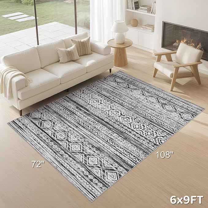 cotiled 6x9 Area Rugs for Living Room: Boho Washable Rug for Dining Room | Solve Modern Neutral Trendy Home Decor - Stain Resistan Indoor Soft Carpet for Bedroom Nursery White Black