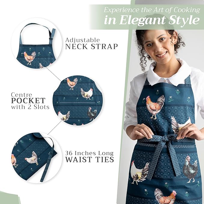 Maison d' Hermine Aprons for women with Pocket 100% Cotton (27.50"x31.50") | Adjustable Neck Strap & long ties Apron Men Chef Wedding Cooking Gardening Server Maid