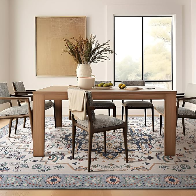 Phantoscope Washable Area Rug 4'x6' Non-Slip, Vintage Boho Rugs for Living Room, Bedroom, Dining Room, Persian Floral Medallion Pattern, Low-Pile Foldable Floor Carpet, Ivory Blue/Garden Bloom