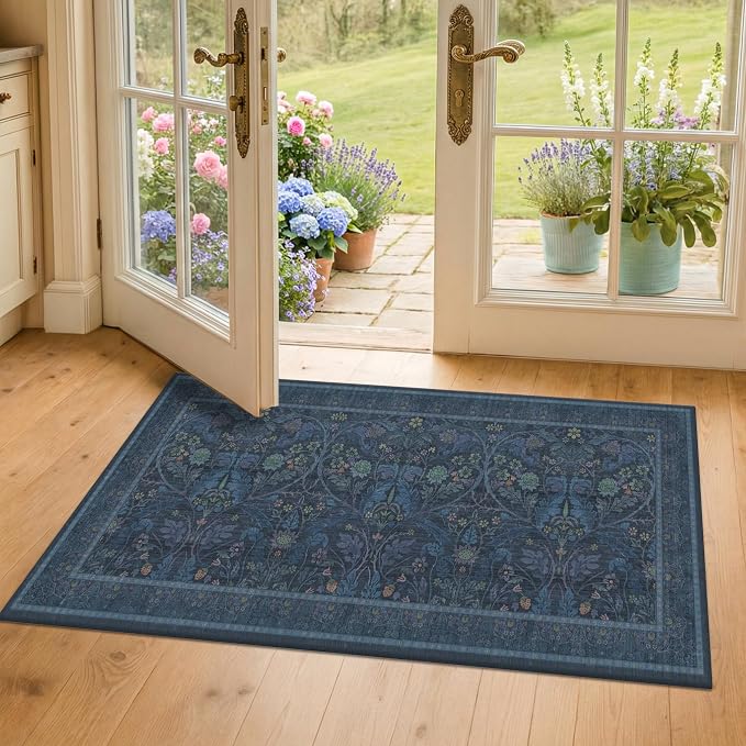 Washable 2x4 Entryway Rugs, Oriental Floral Small Blue Kitchen Rugs, Thin Bathroom Rugs Fit Under Door, Low Pile & Soft Carpet for Mudroom, Bedside