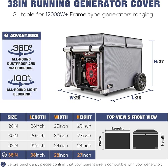 Running Generator Cover. Running Generator Cover, 38x28x27 Inch, Top Can Be Opened, 100% Heavy Duty Waterproof Oxford Fabric. Suitable for Most Generators Cover 10,000 Watts. Gray