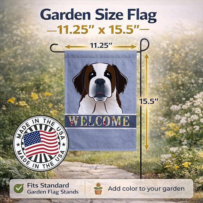 Caroline's Treasures BB1432GF Saint Bernard Welcome Garden Flag, Blue Mailbox Flag Decorative Yard Flag Banner Outside Patio Artwork Yard Flower Beds, Garden Size, Multicolor