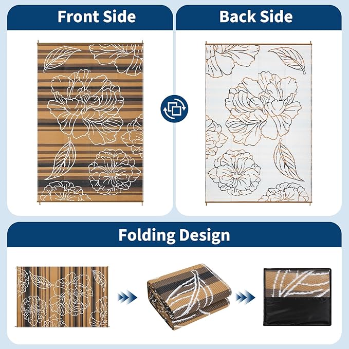 Garvee 8x10 Outdoor Waterproof Rug, Floral Outdoor Area Rug，Reversible Plastic Straw Patio Rug, Portable Camping Mat for RV, Picnic, Beach, Balcony, Garden & Camping Black&Brown
