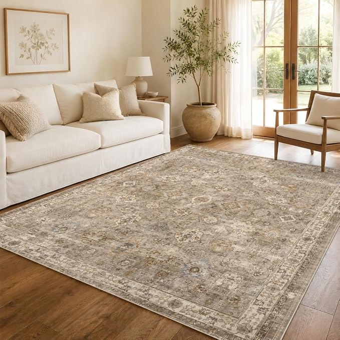6x9 Area Rug for Living Room Vintage Washable Non Slip Rugs | Farmhouse Boho Floral Neutral Stain Resistant Indoor Carpet for Bedroom Office and Home Decor(Brown&Gold)
