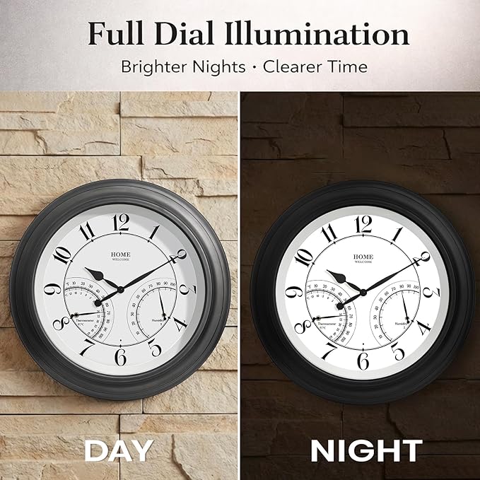 Pytha Sight 24 Inch Outdoor Clocks Waterproof, Large Easy-to-Read Illuminated Outdoor Wall Clock with Smart Light Sensor, Silent Large Outdoor Clock for Patio, Pool,Porch,Garden,Backyard
