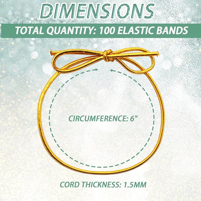 FQTANJU Gold Elastic Cord with Pre-Tied Bows - 200 Pcs 6 Inch Metallic Stretch Loops for Gift Wrapping, Crafts, Gift Boxes, Tags | Strong Metallic Ribbon String for DIY, Holiday, Party Decor