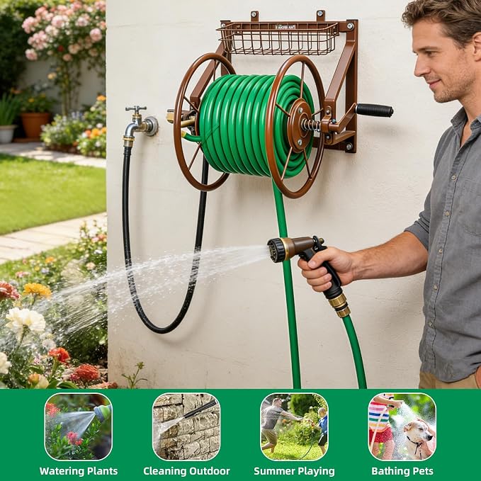 Wall Mount Garden Hose Reel, Heavy Duty Metal Holds 155ft 5/8" Hose | Solid Brass Fittings, No Leaks, Rust-resistant. Space-saving Wall Mount for Outside, Lawn, Yard.Easy Install & Rolls Smoothly