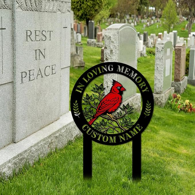 Personalized Cardinal Metal Sign with Stakes, Custom Garden Yard Decor Outdoor, Memorial Gift for Mom, Garden Plaque Gifts for Memorial, Remembrance loss loved Ones Grave Marker