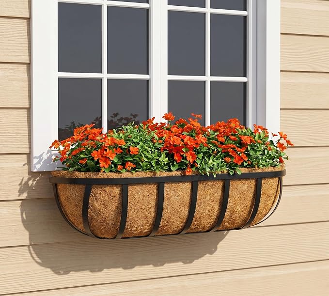 Y&M 24 Inch Railing Planter Boxes 2Pack, 2-in-1 Window Box and Deck Railing Planters with Coco Liners, Heavy Duty Metal Flower Troughs with Adjustable Brackets for Balcony, Patio and Garden