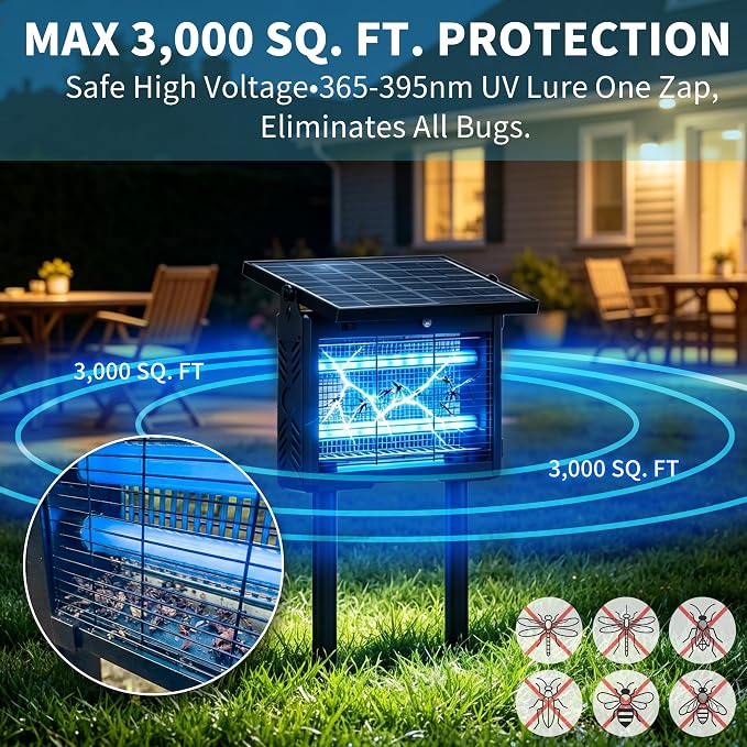14W Solar Bug Zapper Outdoor | 7500mAh, 365–395nm UV, Dusk-Dawn Sensor, IPX5 Waterproof, 20ft Cord, Indoor & Outdoor for Home, Patio, Garden, Deck, Camping