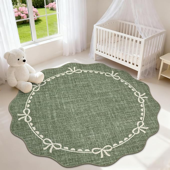GarveeHome 5ft Round Rugs Washable Scalloped Bow Rug for Bedroom, Green | Non Slip Soft Low Pile Ultra-Thin Stain Resistant Indoor Carpet for Living Room Nursery Girls Dorm Decor Kids Room Playroom