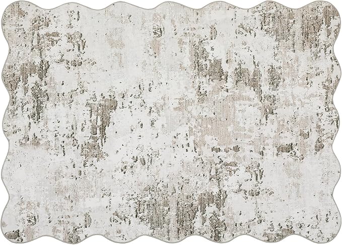 ROYHOME 10x13 Modern Scalloped Abstract Faux Wool Accent Rug, Taupe | for Living Room Low Pile Ultra Soft Stain Resistant Non Slip Non Shedding Throw Rug for Bedroom Home Decor