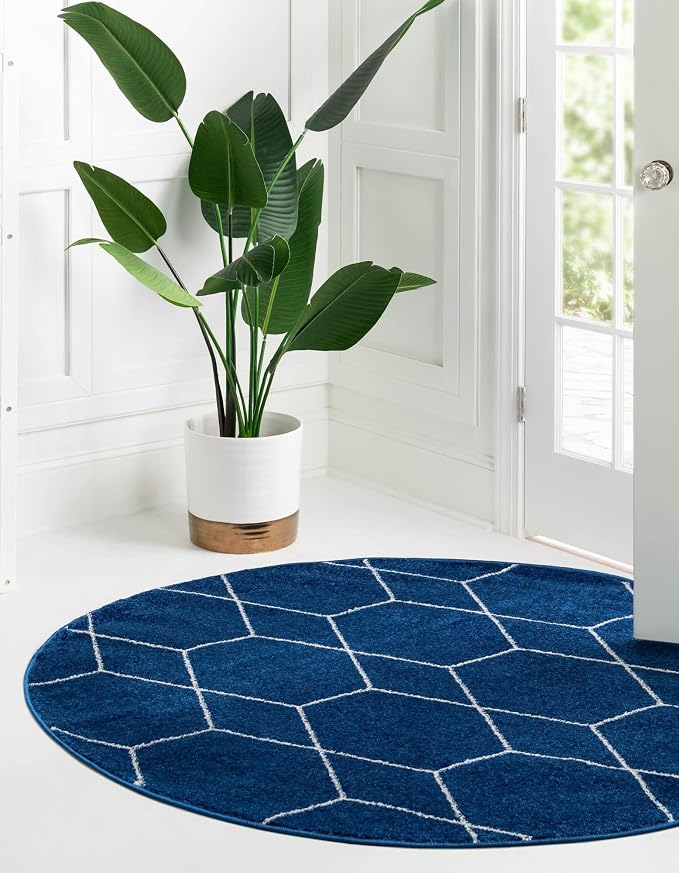 Unique Loom Trellis Frieze Collection Area Rug - Geometric (3' Round, Navy Blue/ Ivory)
