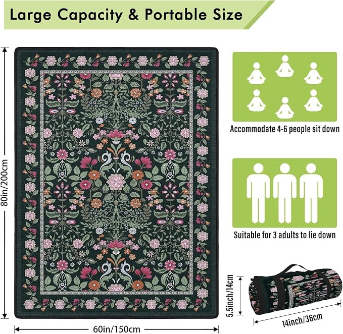 Floral Picnic Blankets Waterproof Foldable, 60″X80″ Packable Picnic Mat Boho Outdoor Blanket for Grass, Large Beach Blanket Sandproof Picnic Accessories for Camping Music Festival Park Lawn Travel