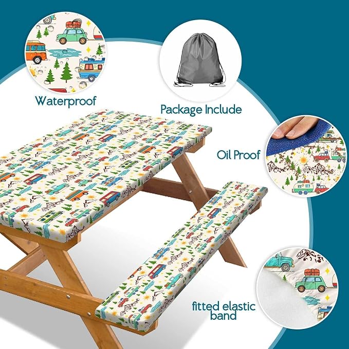 Picnic Table Cover with Bench Covers Reusable Table Cover for Camping with Elastic Outdoor Windproof Waterproof Fabric Rectangle Fitted Tablecloth and Seat Covers with Drawstring Bag, 60In 3PCS
