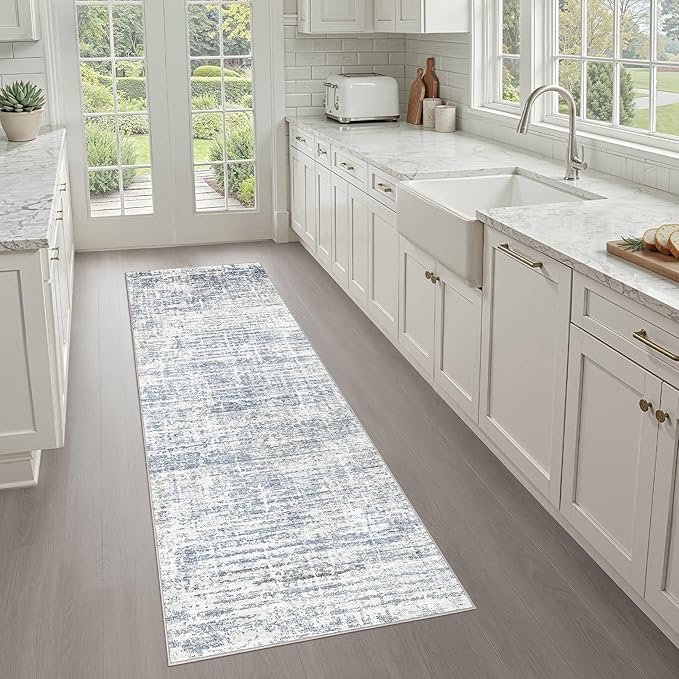 LOONGRUG Runner Rug 2x6 Machine Washable Non-Slip Kitchen Neutral Rug Blue | Abstract Modern Soft Stain Resistant Indoor Accent Throw Carpet for Hallway Bathroom Laundry Room Bedroom Entryway