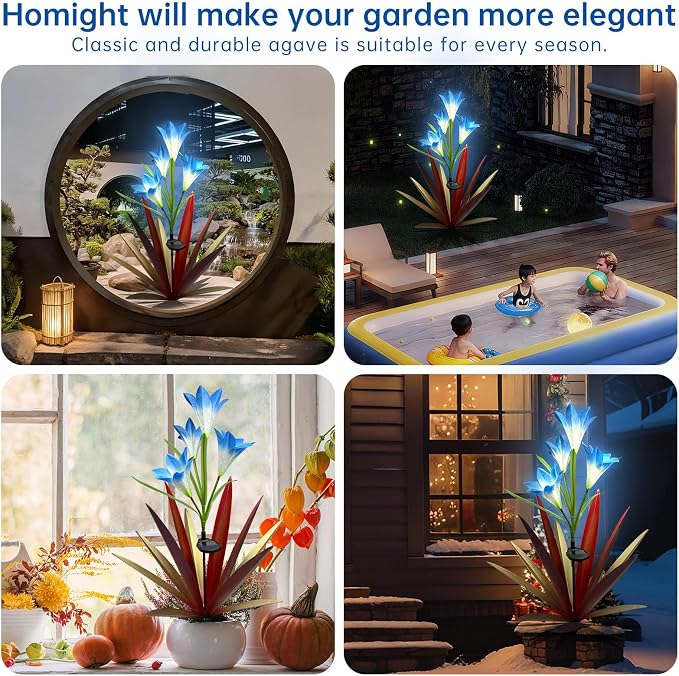 Homight Solar Metal Agave Lily Flower Garden Sculpture with LED Lights 30.3 Inch Waterproof Outdoor/Indoor Yard Decor Handmade Lawn Ornament Gift for Family Friends (2, Red)