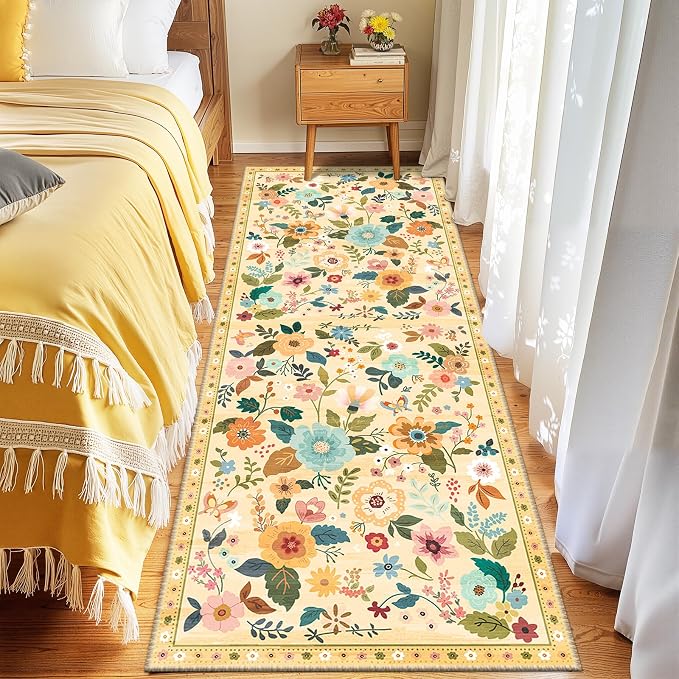Floral Washable 2x8 Area Rugs Runner Entryway Hallway Yellow/Orange | Flower Carpet, Print, Boho, Non-Slip, Easy to Clean, Low Pile, Soft, for Living Room Bedroom Kitchen Office Entrance