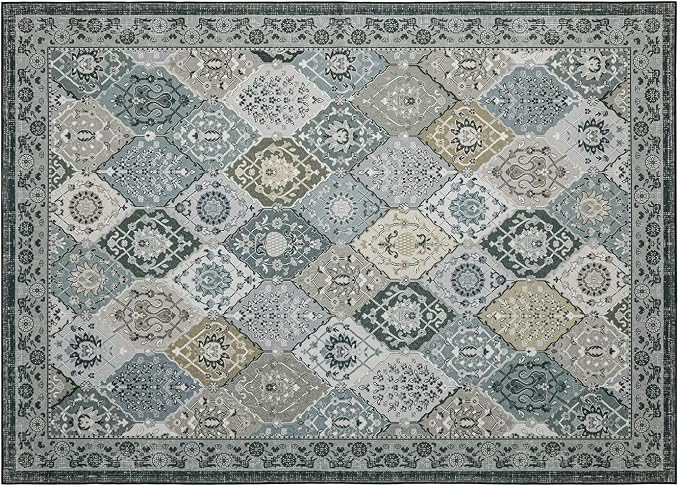 Phantoscope Washable Area Rug 5'x7' Non-Slip, Vintage Boho Rugs for Living Room, Bedroom, Dining Room, Distressed Moroccan Mosaic Diamond Pattern, Low-Pile Foldable Floor Carpet, Grey Charcoal