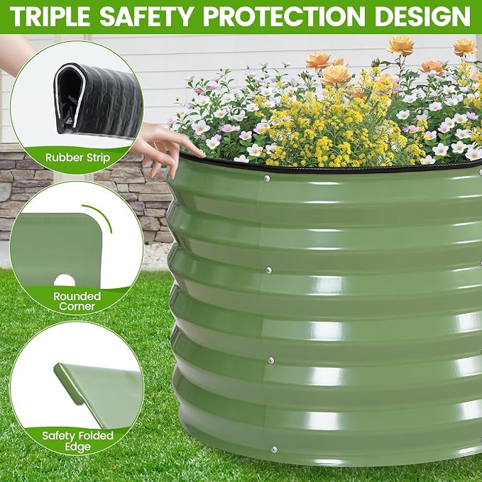 Galvanized Raised Garden Bed Outdoor |17'' Tall Planter Box Outdoor for Deep Root Plants | 3Pcs Raised Bed Kit for Gardening with Rubber Strip for Vegetables Flowers Fruits (Olive Green, 4x2x1.4FT)