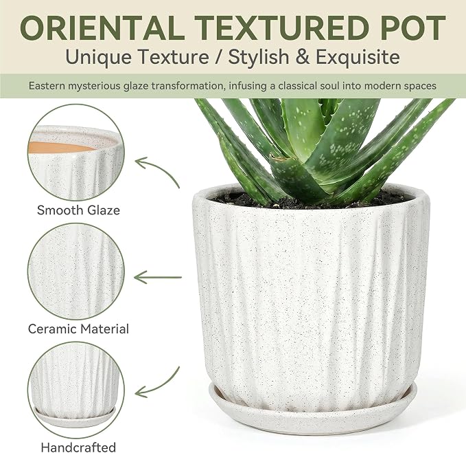 10 Inch Ceramic Planter Pot with Saucer Drainage Leak-Proof Mesh,Flower Pots for Indoor Plants with Gardening Gloves,Ceramic Planter(Waxen White)