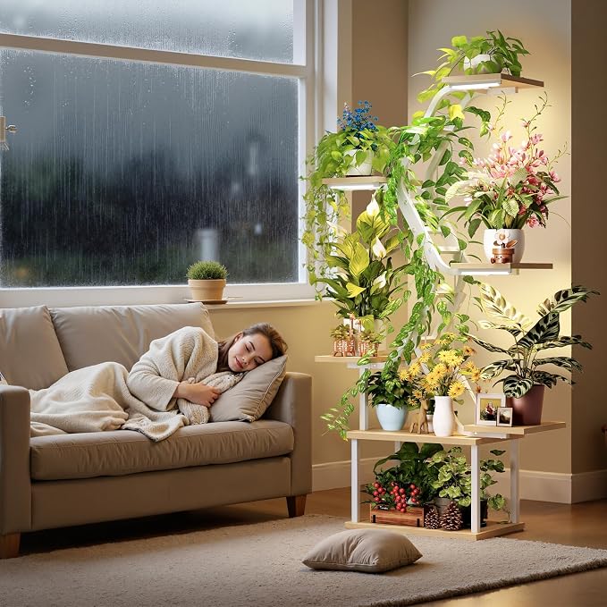 White Plant Shelves with Grow Lights: 7-Tier 65" Tall Modern Plant Stand for Indoor Corners, Living Room Display or Bedroom Gardening Rack