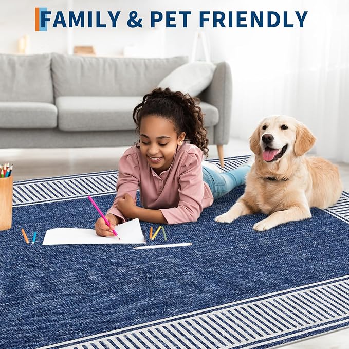 Garvee Large Washable Rug 9x12 Modern Bordered Living Room Rug Blue | Non Slip Soft Foldable Indoor Carpet Stain-Resistant Low Pile Floor Cover for Bedroom Nursery Office Dorm Kids Room Playroom