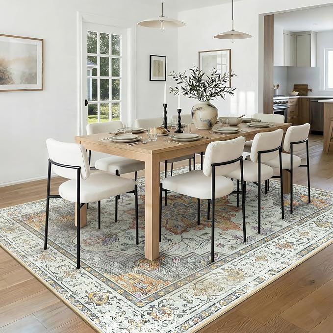 RELEANY Washable Area Rug, 5'x7', Beige/Carbon Grey/Orange | Non-Slip, Water Repellent, Pet Friendly, Easy to Clean, Vintage Floral Boho Decor for Living Room Bedroom Dining Room Office