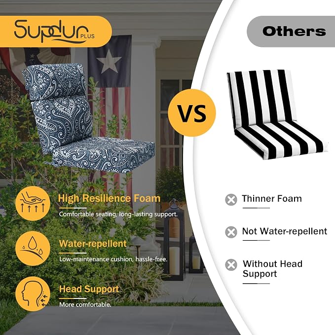 Outdoor High Back Chair Cushion, 2 Pack 44x21 inches Patio Chair Cushions Water Repellent Rocking Cushions Indoor Furniture Seat Pad, Damask Vine