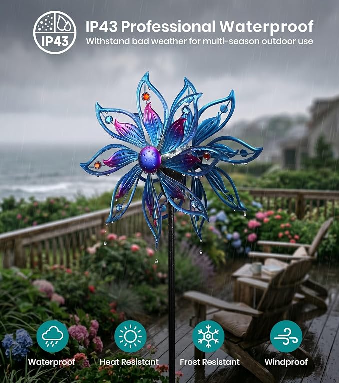 Solar Wind Spinner Outdoor Mandala Kinetic LED Garden Yard Art Decor | Hand-Crafted Art, 3D mandala wind spinner, Whisper-quiet dual bearings, Stable 5-prong stake, Blue Purple Fade