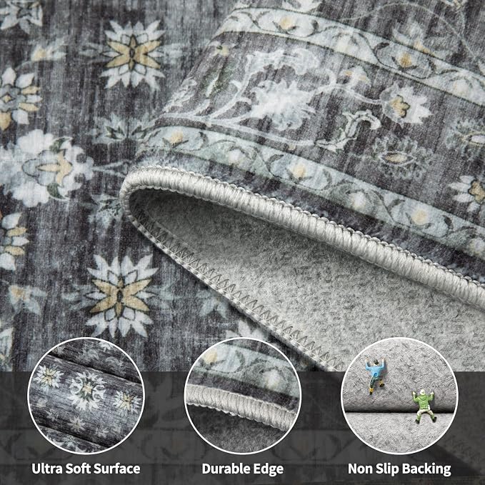 Ciicool Grey Vintage Boho 2x8 Washable Runner Rug Hallway Kitchen Rugs Washable Floral Soft Low Pile Long Carpet Suitable for Entryway Bedroom Laundry Bathroom