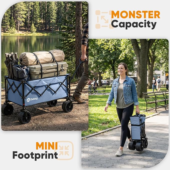 Sekey 250L Wagons Carts Foldable with Big All-Terrian Beach Wheels, Collapsible Heavy Duty Wagon, Extra Large Folding Wagon,Foldable Wagon for Camping, Garden, Sports. Blue