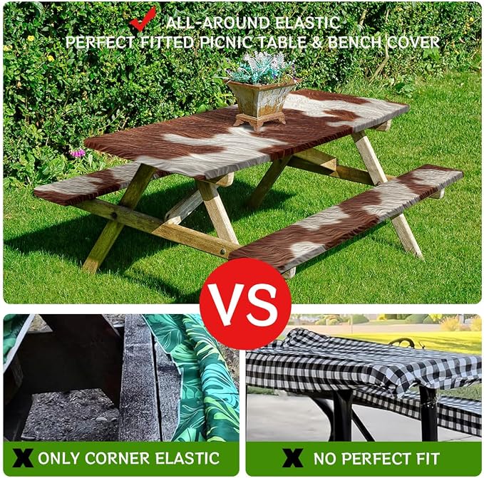 Cow Fur Texture Picnic Table Cover with Bench Covers and Carrying Bag, Cowhide Animal Brown Fur Pattern Rectangle Table Cover, Outdoor Patio Camping Essentials 6FT 4PCS, Camping Fitted Tablecloth