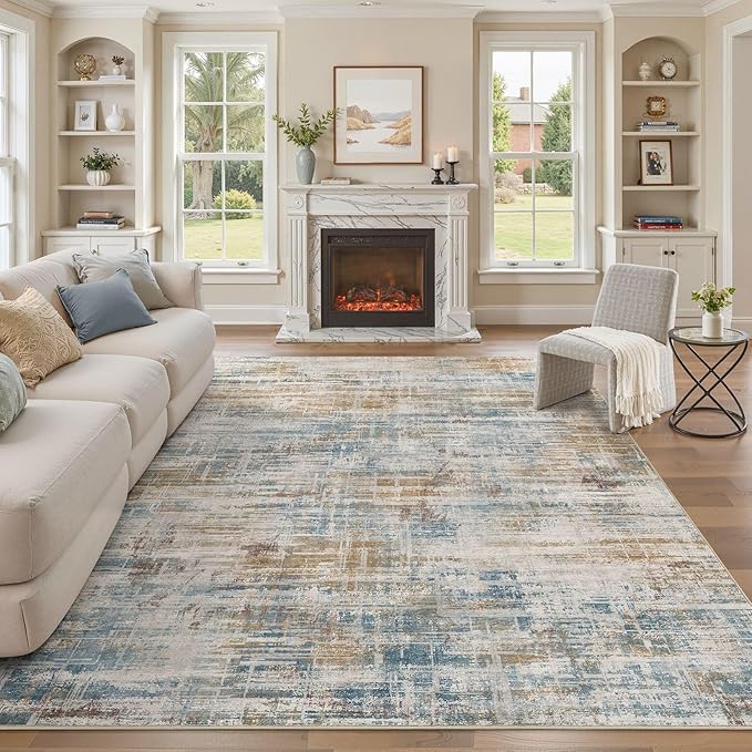 UERMEI 10x12 Area Rug for Living Room Washable Abstract Blue Brown Carpet | Low Pile Non-Slip Soft Neutral Modern Kid Pet Friendly Large Rugs For Bedroom Dining Room Nursery Office Indoor Decor
